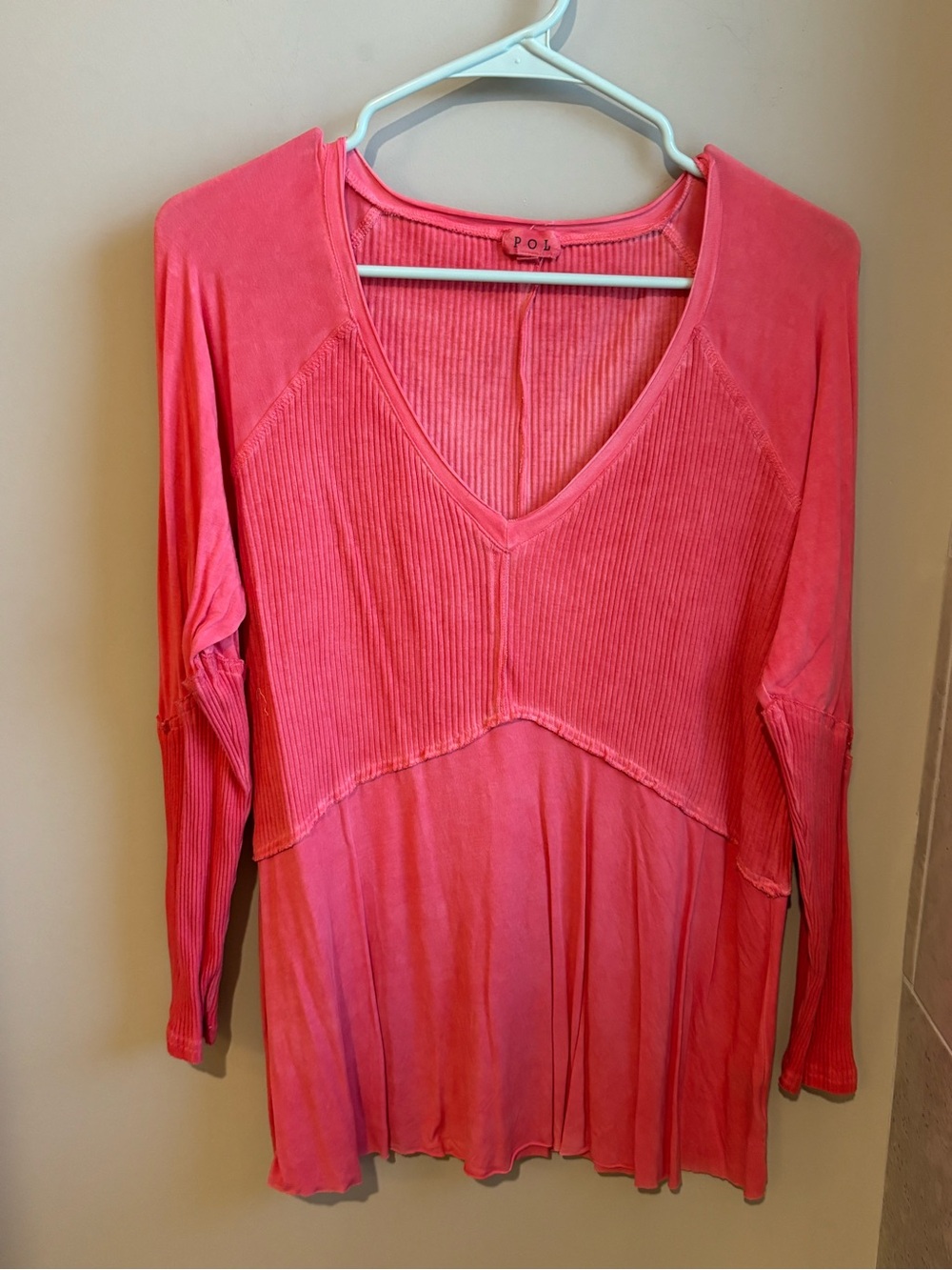 POL Coral Ribbed & Flowing V-Neck Long Sleeve Top